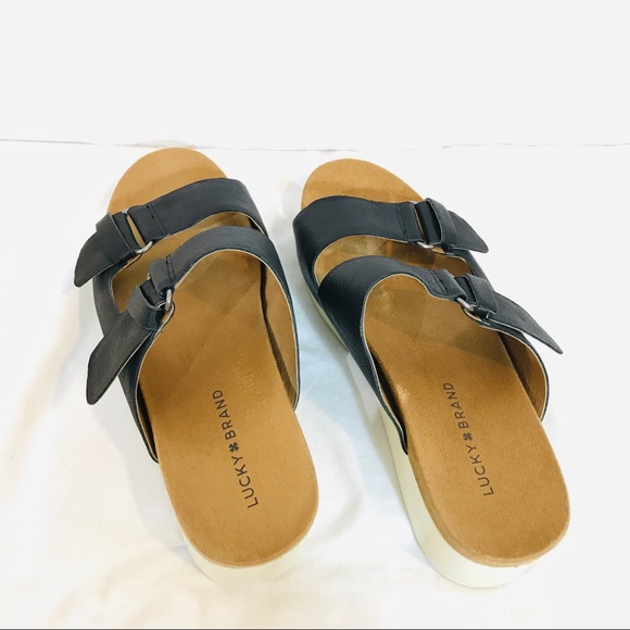 Lucky Brand Feniya Black & Tan Wedge Slide Sandals - Picture 5 of 7